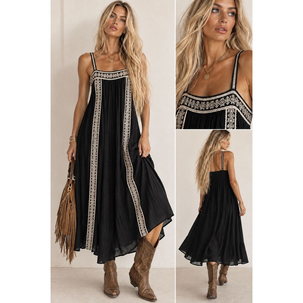 J Glee Black Embroidered Boho Midi Dress S Smocked Rayon